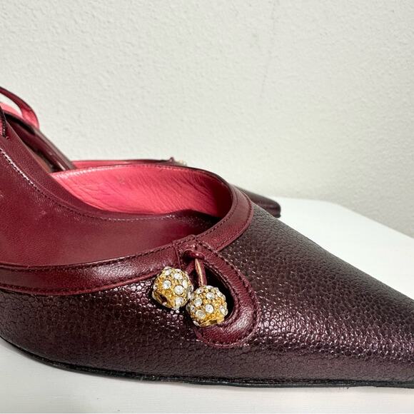 Judith Leiber Burgundy Leather Slingback Heels with Crystal Balls Size 9.5 - Picture 6 of 8